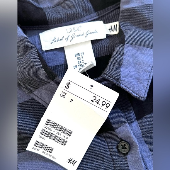 NWT H & M  L.O.G.G. Blue & Black Checked Cotton Long Sleeve Plaid Shirt-Size 2 - Picture 4 of 9